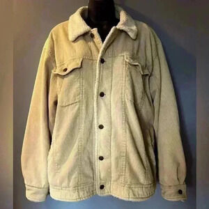 Women's Sz L Vintage Xiande Sherpa Lined Tan Corduroy Trucker Jacket
